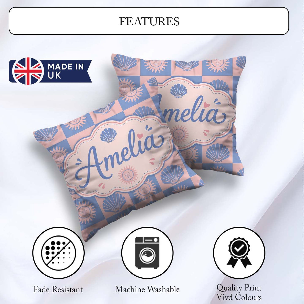 Custom Name Boho Sun and Seashell Blue Pink Background Seamless Square Filled Cushion Throw Pillow Sofa Bed Home Decor Zip Washable UK Made