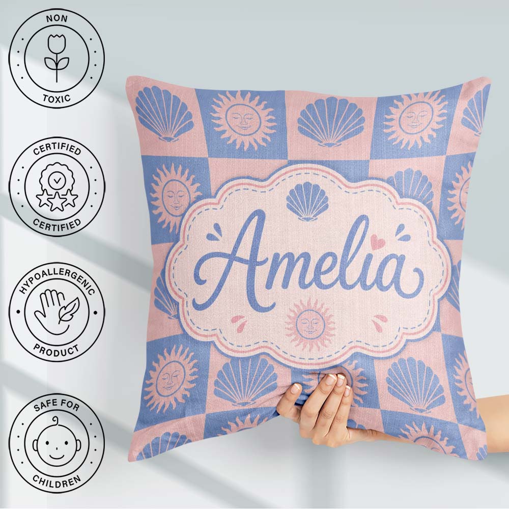Custom Name Boho Sun and Seashell Blue Pink Background Seamless Square Filled Cushion Throw Pillow Sofa Bed Home Decor Zip Washable UK Made