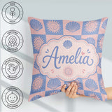 Custom Name Boho Sun and Seashell Blue Pink Background Seamless Square Filled Cushion Throw Pillow Sofa Bed Home Decor Zip Washable UK Made