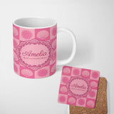 Personalized Custom Name Boho Sun and Seashell Checkerboard Pink Tones Background Seamless 11oz Ceramic Coffee Tea Mug White Large Handle