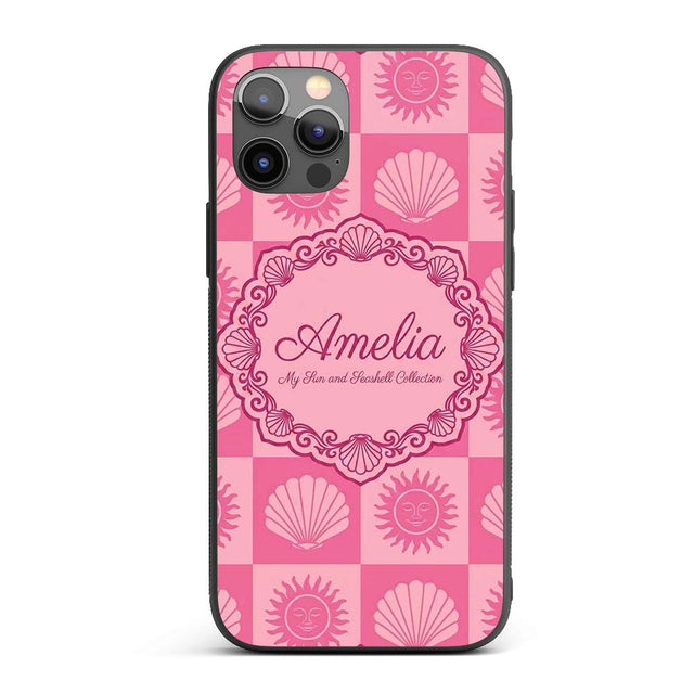 Boho Sun and Seashell Checkerboard Pink Tones Custom Name Protective Phone Case Mobile Cover Durable Everyday Smartphone Shock Resistant