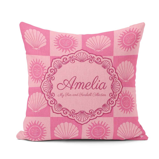 Custom Name Boho Sun and Seashell Pink Tones Background Seamless Square Filled Cushion Throw Pillow Sofa Bed Home Decor Zip Washable UK Made