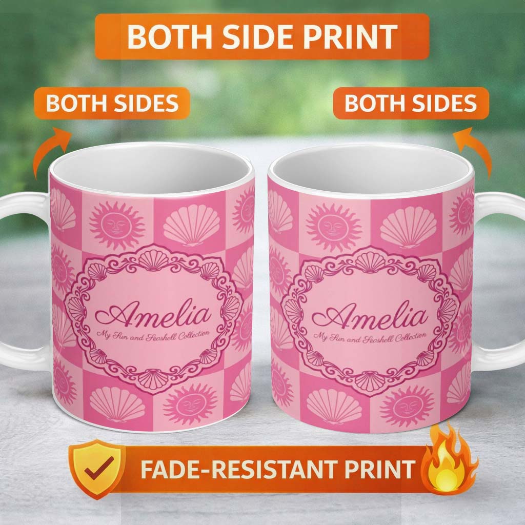 Personalized Custom Name Boho Sun and Seashell Checkerboard Pink Tones Background Seamless 11oz Ceramic Coffee Tea Mug White Large Handle