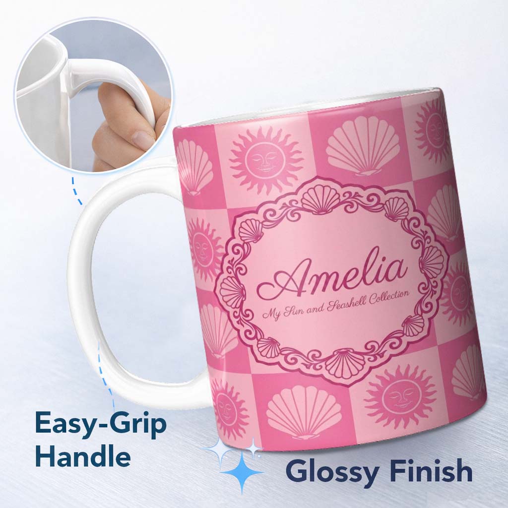 Personalized Custom Name Boho Sun and Seashell Checkerboard Pink Tones Background Seamless 11oz Ceramic Coffee Tea Mug White Large Handle