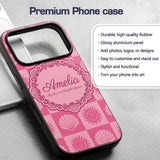 Boho Sun and Seashell Checkerboard Pink Tones Custom Name Protective Phone Case Mobile Cover Durable Everyday Smartphone Shock Resistant