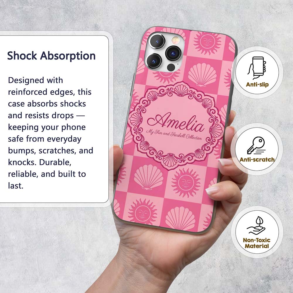 Boho Sun and Seashell Checkerboard Pink Tones Custom Name Protective Phone Case Mobile Cover Durable Everyday Smartphone Shock Resistant