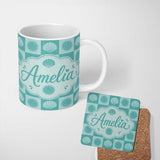 Personalized Custom Name Teal Sun and Seashell Checkerboard Coastal Style Seamless Pattern 11oz Ceramic Coffee Tea Mug White Large Handle