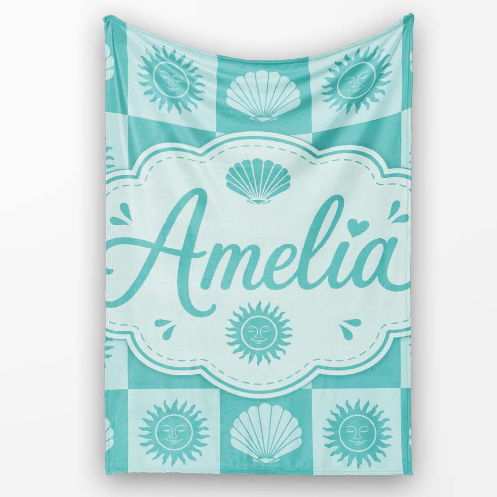 Teal Sun and Seashell Checkerboard Coastal Style Seamless Pattern  Personalised Custom Name Super Soft Fleece Blanket Bed Sofa Throw