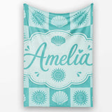 Teal Sun and Seashell Checkerboard Coastal Style Seamless Pattern  Personalised Custom Name Super Soft Fleece Blanket Bed Sofa Throw