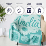 Teal Sun and Seashell Checkerboard Coastal Style Seamless Pattern  Personalised Custom Name Super Soft Fleece Blanket Bed Sofa Throw