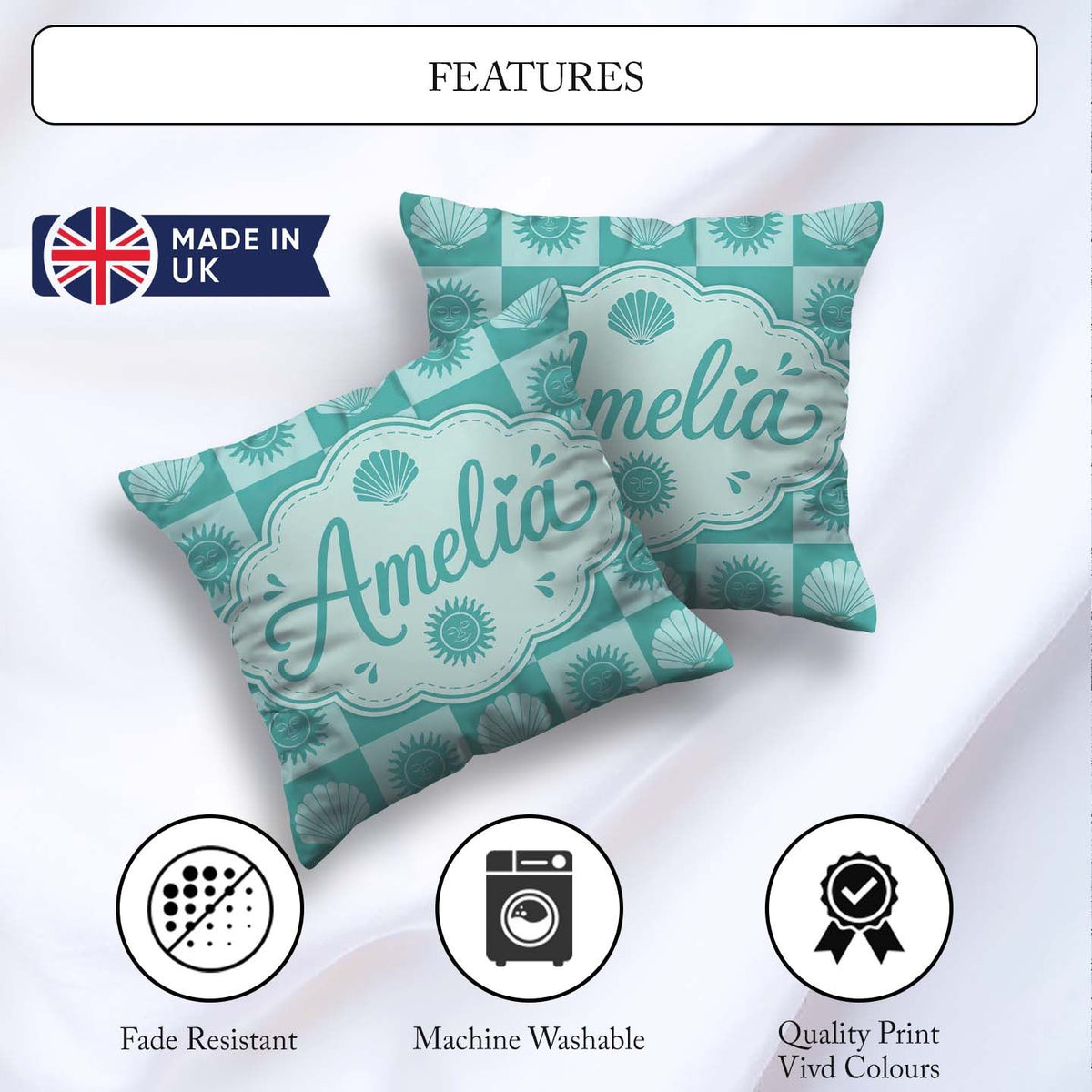 Custom Name Teal Sun and Seashell Coastal Style Seamless Pattern Square Filled Cushion Throw Pillow Sofa Bed Home Decor Zip Washable UK Made