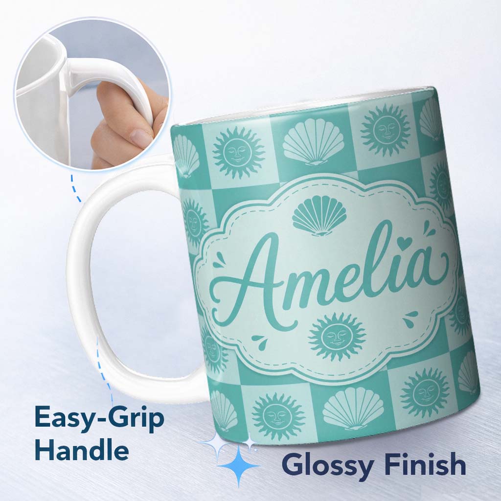 Personalized Custom Name Teal Sun and Seashell Checkerboard Coastal Style Seamless Pattern 11oz Ceramic Coffee Tea Mug White Large Handle