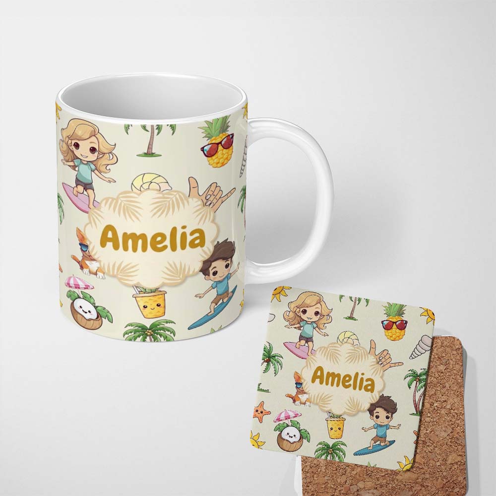 Personalized Custom Name Cute Summer Beach Cartoon Kids Surf Pineapple Dog Seamless Pattern 11oz Ceramic Coffee Tea Mug White Large Handle