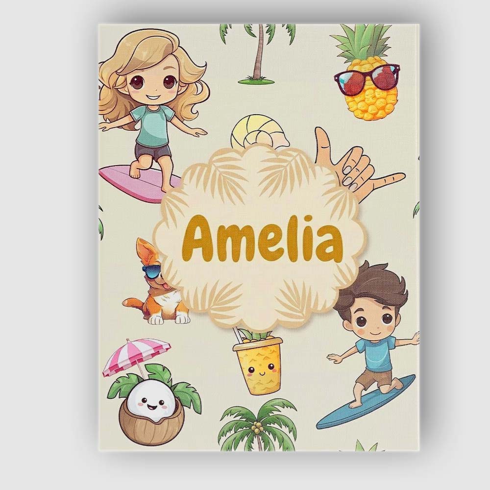 Personalised Name Cute Summer Beach Cartoon Custom  Bespoke Interior Contemporary Canvas Wall Art Print Decor Picture Ready to Hang