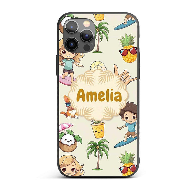 Cute Summer Beach Cartoon Kids Surf Pineapple Dog Custom Name Protective Phone Case Mobile Cover Durable Everyday Smartphone Shock Resistant