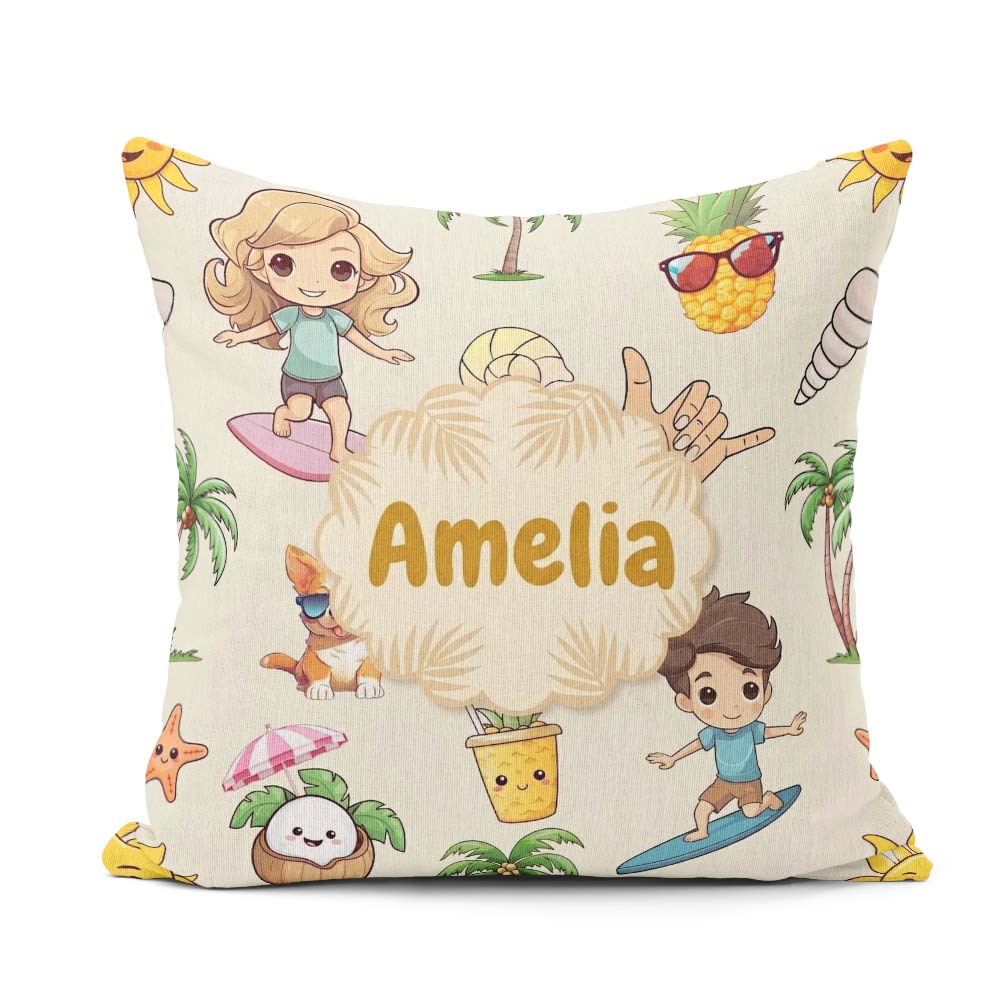 Custom Name Summer Beach Cartoon Kids Surf Pineapple Dog Pattern Square Filled Cushion Throw Pillow Sofa Bed Home Decor Zip Washable UK Made