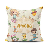 Custom Name Summer Beach Cartoon Kids Surf Pineapple Dog Pattern Square Filled Cushion Throw Pillow Sofa Bed Home Decor Zip Washable UK Made