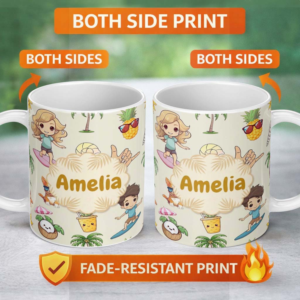 Personalized Custom Name Cute Summer Beach Cartoon Kids Surf Pineapple Dog Seamless Pattern 11oz Ceramic Coffee Tea Mug White Large Handle