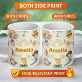 Personalized Custom Name Cute Summer Beach Cartoon Kids Surf Pineapple Dog Seamless Pattern 11oz Ceramic Coffee Tea Mug White Large Handle