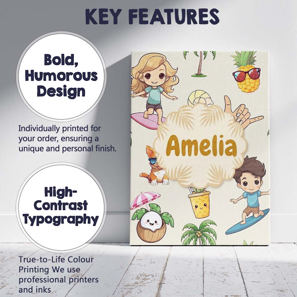 Personalised Name Cute Summer Beach Cartoon Custom  Bespoke Interior Contemporary Canvas Wall Art Print Decor Picture Ready to Hang