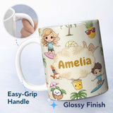 Personalized Custom Name Cute Summer Beach Cartoon Kids Surf Pineapple Dog Seamless Pattern 11oz Ceramic Coffee Tea Mug White Large Handle