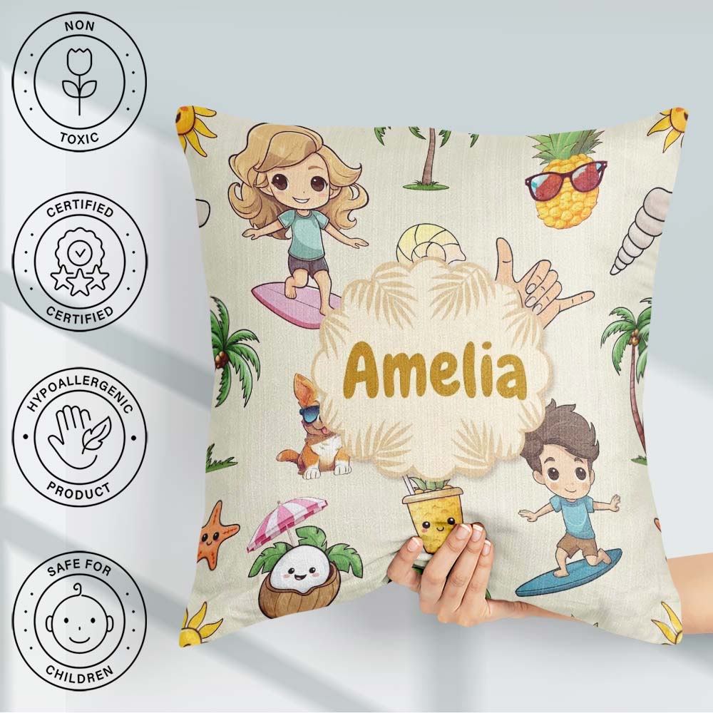 Custom Name Summer Beach Cartoon Kids Surf Pineapple Dog Pattern Square Filled Cushion Throw Pillow Sofa Bed Home Decor Zip Washable UK Made