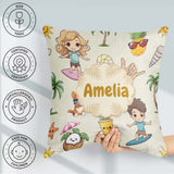 Custom Name Summer Beach Cartoon Kids Surf Pineapple Dog Pattern Square Filled Cushion Throw Pillow Sofa Bed Home Decor Zip Washable UK Made