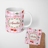 Personalized Custom Name Cute Cherry Fruit with Bow and Sprinkles Pattern Pink Gingham Check 11oz Ceramic Coffee Tea Mug White Large Handle