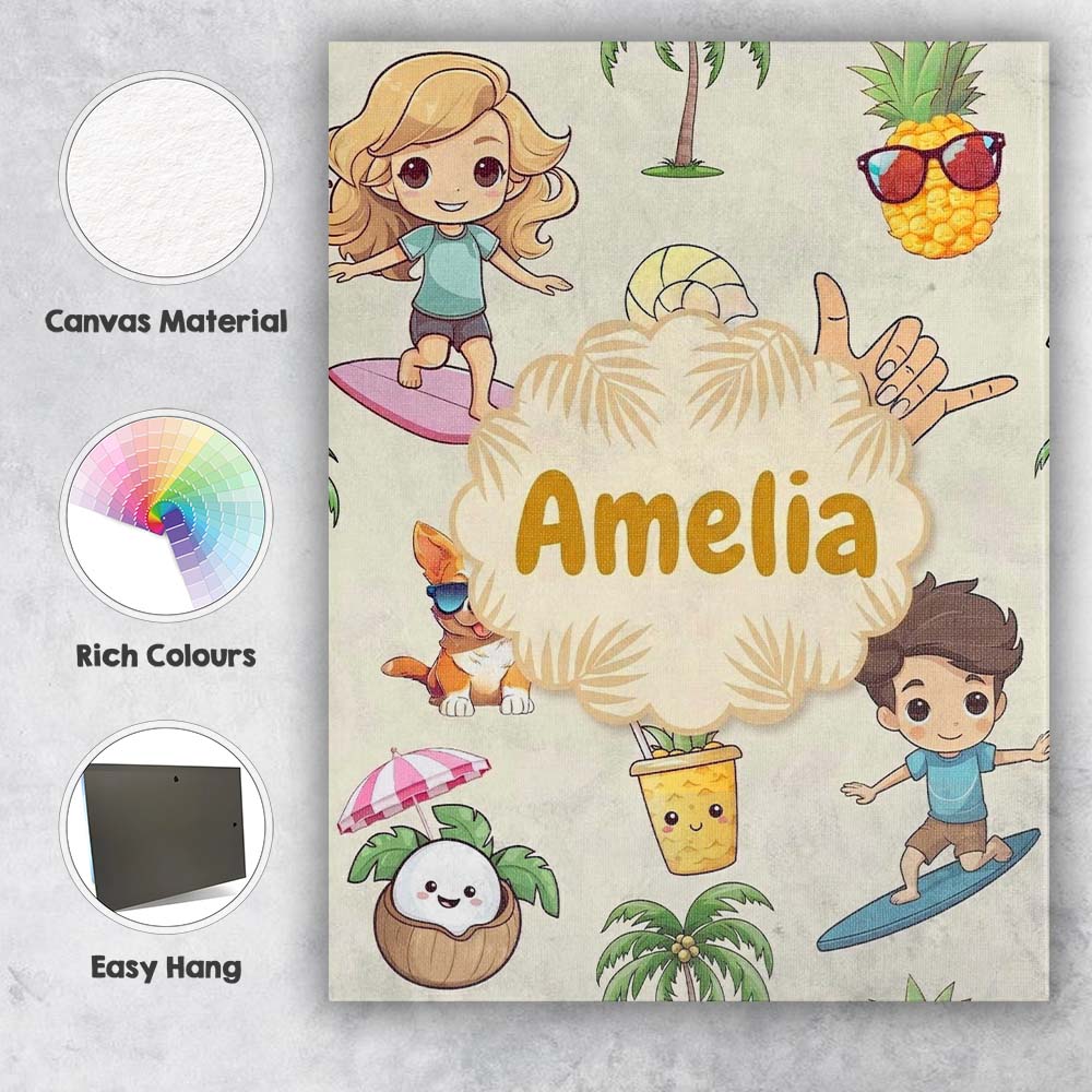 Personalised Name Cute Summer Beach Cartoon Custom  Bespoke Interior Contemporary Canvas Wall Art Print Decor Picture Ready to Hang