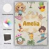Personalised Name Cute Summer Beach Cartoon Custom  Bespoke Interior Contemporary Canvas Wall Art Print Decor Picture Ready to Hang