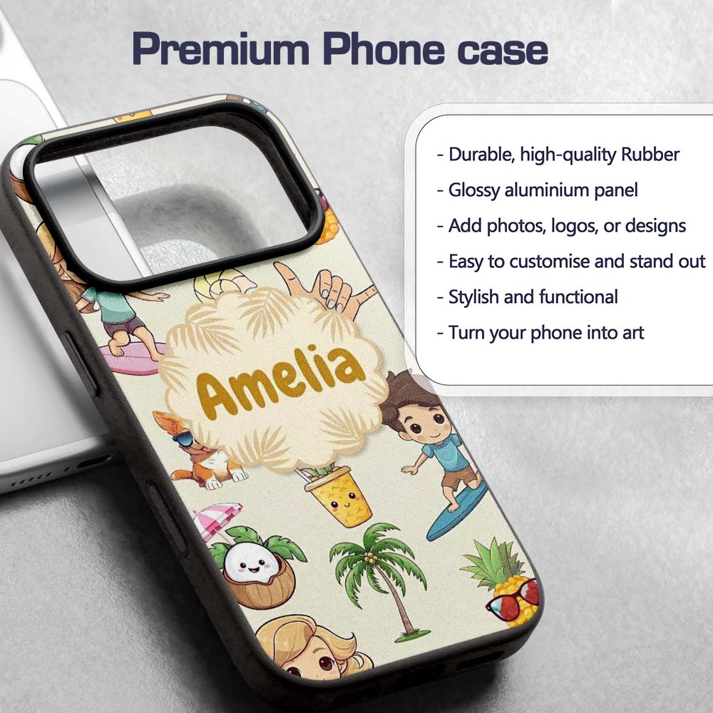 Cute Summer Beach Cartoon Kids Surf Pineapple Dog Custom Name Protective Phone Case Mobile Cover Durable Everyday Smartphone Shock Resistant