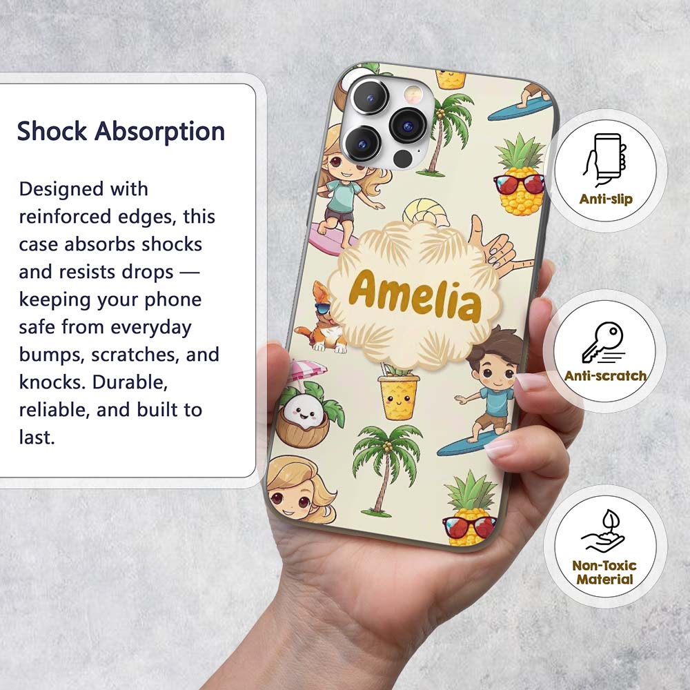 Cute Summer Beach Cartoon Kids Surf Pineapple Dog Custom Name Protective Phone Case Mobile Cover Durable Everyday Smartphone Shock Resistant