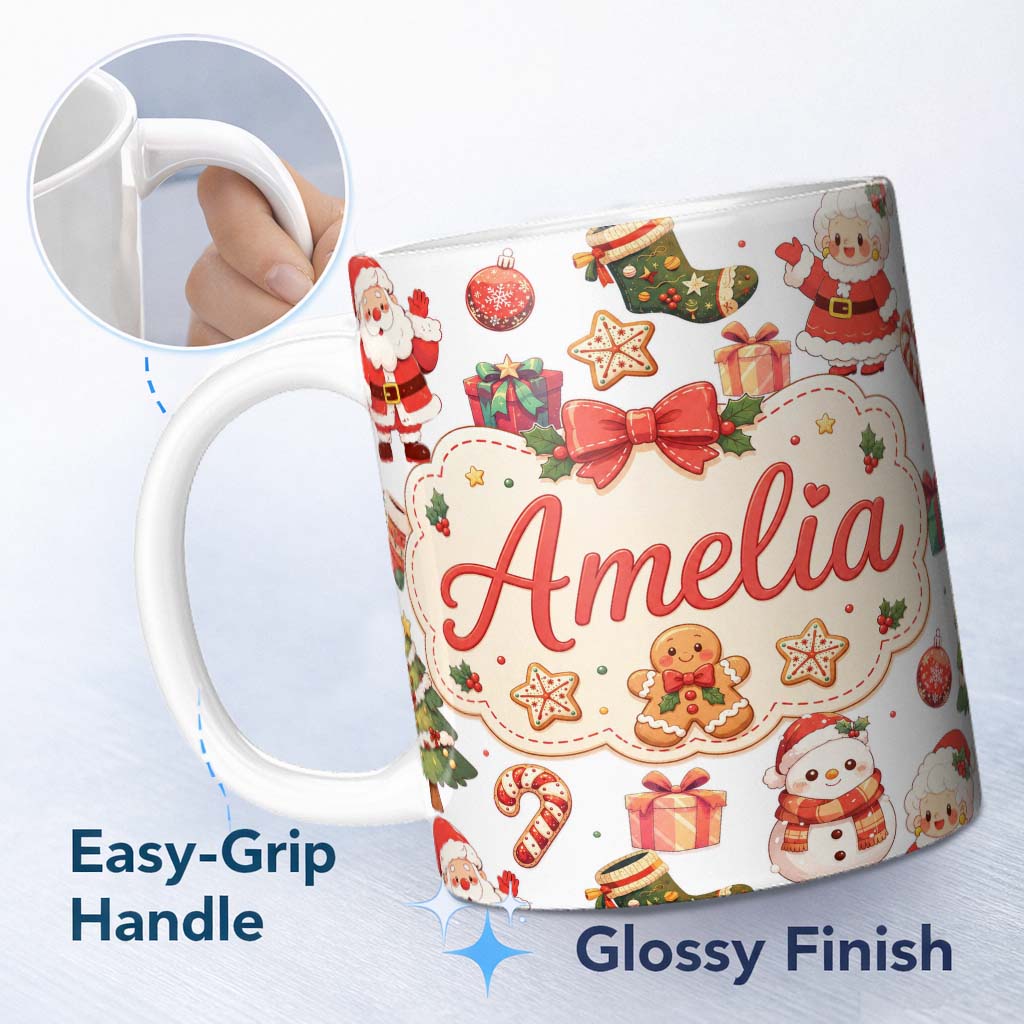 Personalized Custom Name Cute Santa Claus Mrs Claus Snowman Christmas Gift Candy Cane White 11oz Ceramic Coffee Tea Mug White Large Handle