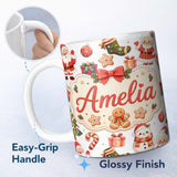Personalized Custom Name Cute Santa Claus Mrs Claus Snowman Christmas Gift Candy Cane White 11oz Ceramic Coffee Tea Mug White Large Handle