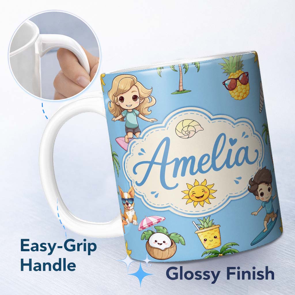 Personalized Custom Name Cute Summer Beach Cartoon Kids Surf Pineapple Blue Background 11oz Ceramic Coffee Tea Mug White Large Handle