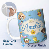 Personalized Custom Name Cute Summer Beach Cartoon Kids Surf Pineapple Blue Background 11oz Ceramic Coffee Tea Mug White Large Handle