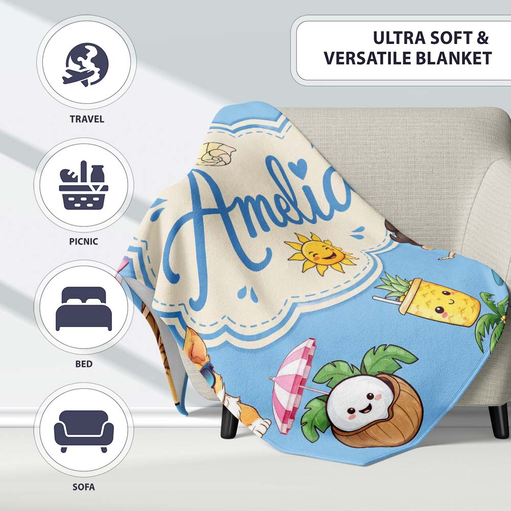 Cute Summer Beach Cartoon Kids Surf Pineapple Blue Background  Personalised Custom Name Super Soft Fleece Blanket Bed Sofa Throw