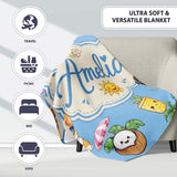 Cute Summer Beach Cartoon Kids Surf Pineapple Blue Background  Personalised Custom Name Super Soft Fleece Blanket Bed Sofa Throw