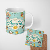 Personalized Custom Name Cute Summer Beach Cartoon Kids Surf Pineapple Mint Background 11oz Ceramic Coffee Tea Mug White Large Handle