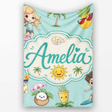 Cute Summer Beach Cartoon Kids Surf Pineapple Mint Background  Personalised Custom Name Super Soft Fleece Blanket Bed Sofa Throw