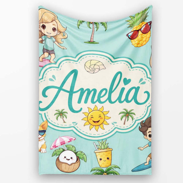 Cute Summer Beach Cartoon Kids Surf Pineapple Mint Background  Personalised Custom Name Super Soft Fleece Blanket Bed Sofa Throw