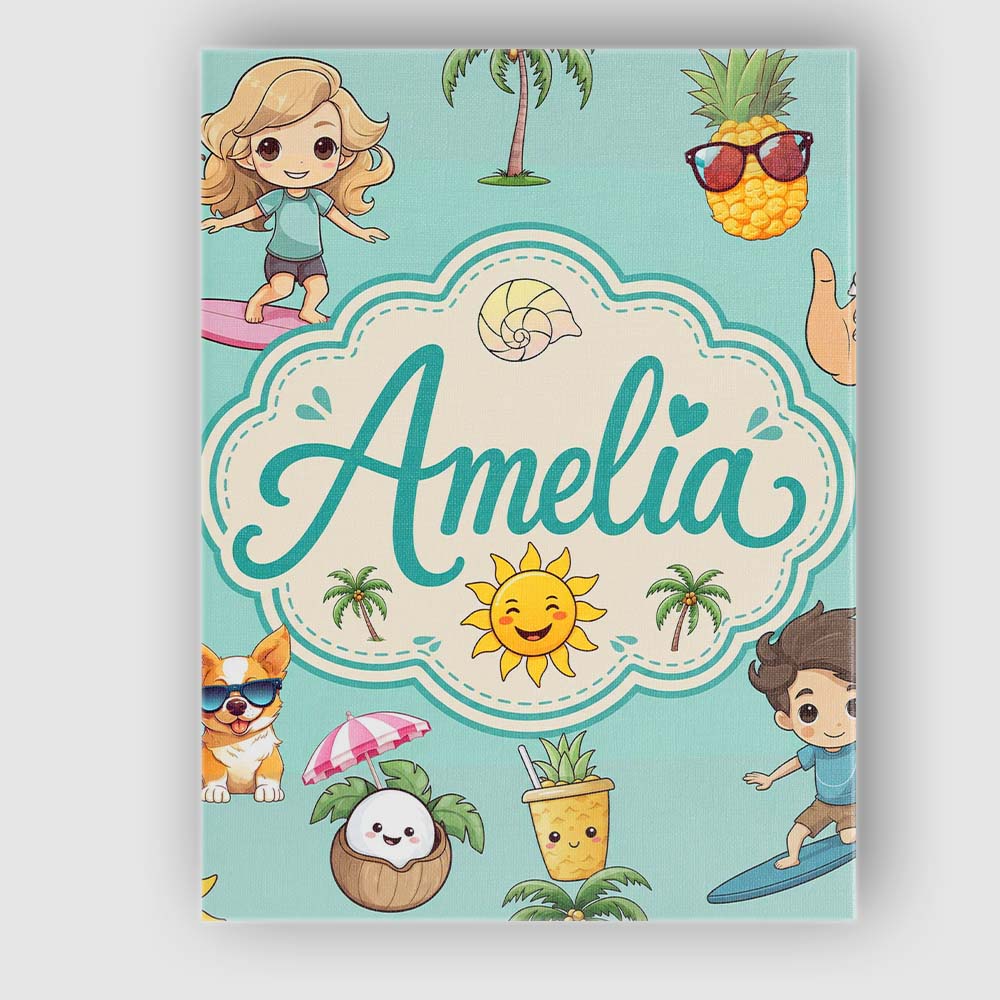 Personalised Name Cute Summer Beach Cartoon Custom  Bespoke Interior Contemporary Canvas Wall Art Print Decor Picture Ready to Hang