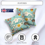 Custom Name Cute Summer Beach Cartoon Kids Surf Mint Background Square Filled Cushion Throw Pillow Sofa Bed Home Decor Zip Washable UK Made