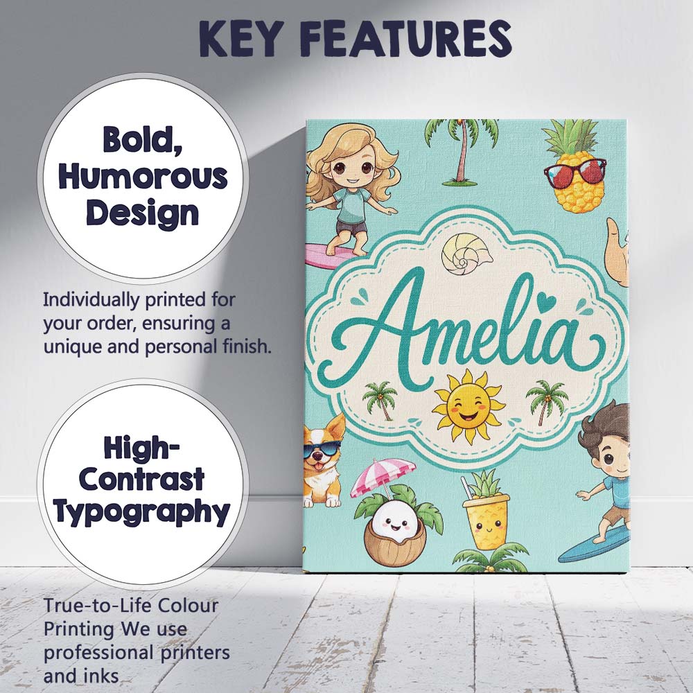 Personalised Name Cute Summer Beach Cartoon Custom  Bespoke Interior Contemporary Canvas Wall Art Print Decor Picture Ready to Hang