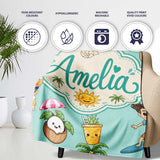 Cute Summer Beach Cartoon Kids Surf Pineapple Mint Background  Personalised Custom Name Super Soft Fleece Blanket Bed Sofa Throw