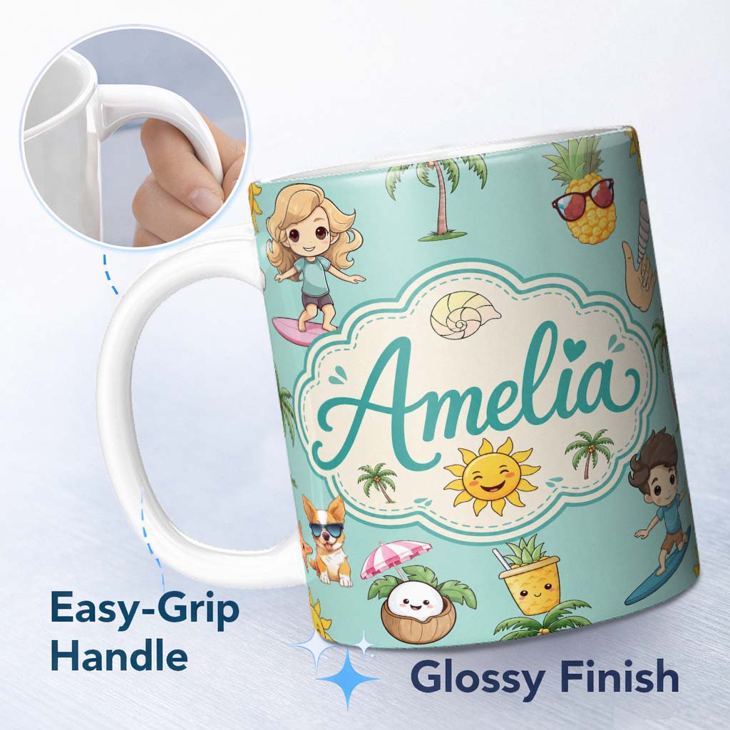 Personalized Custom Name Cute Summer Beach Cartoon Kids Surf Pineapple Mint Background 11oz Ceramic Coffee Tea Mug White Large Handle