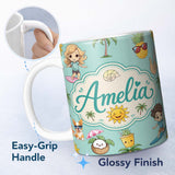 Personalized Custom Name Cute Summer Beach Cartoon Kids Surf Pineapple Mint Background 11oz Ceramic Coffee Tea Mug White Large Handle
