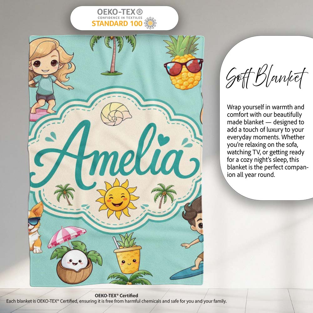 Cute Summer Beach Cartoon Kids Surf Pineapple Mint Background  Personalised Custom Name Super Soft Fleece Blanket Bed Sofa Throw