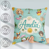 Custom Name Cute Summer Beach Cartoon Kids Surf Mint Background Square Filled Cushion Throw Pillow Sofa Bed Home Decor Zip Washable UK Made
