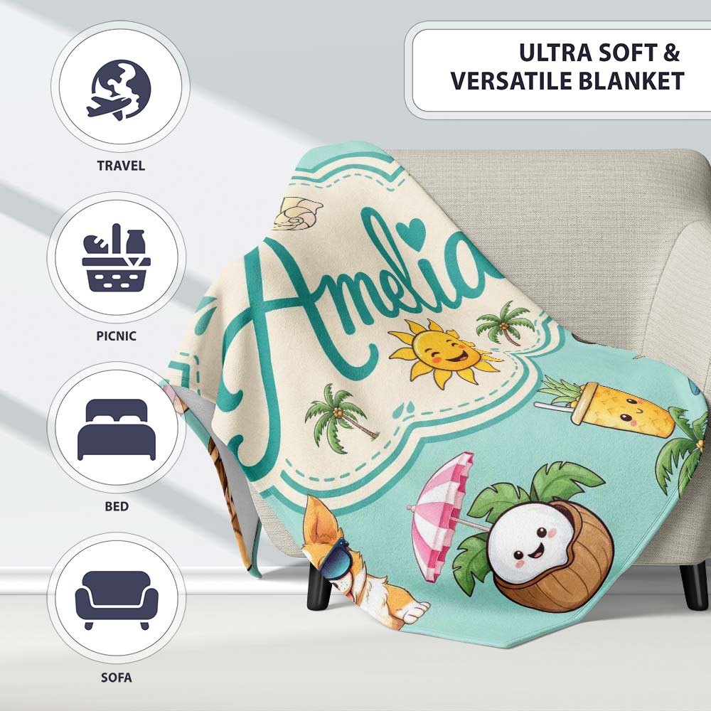 Cute Summer Beach Cartoon Kids Surf Pineapple Mint Background  Personalised Custom Name Super Soft Fleece Blanket Bed Sofa Throw
